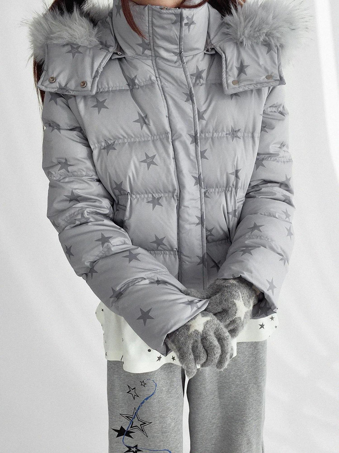 innomoood Warm 90% White Duck Down Star Print Removable Hood Straight Zip Down Jacket