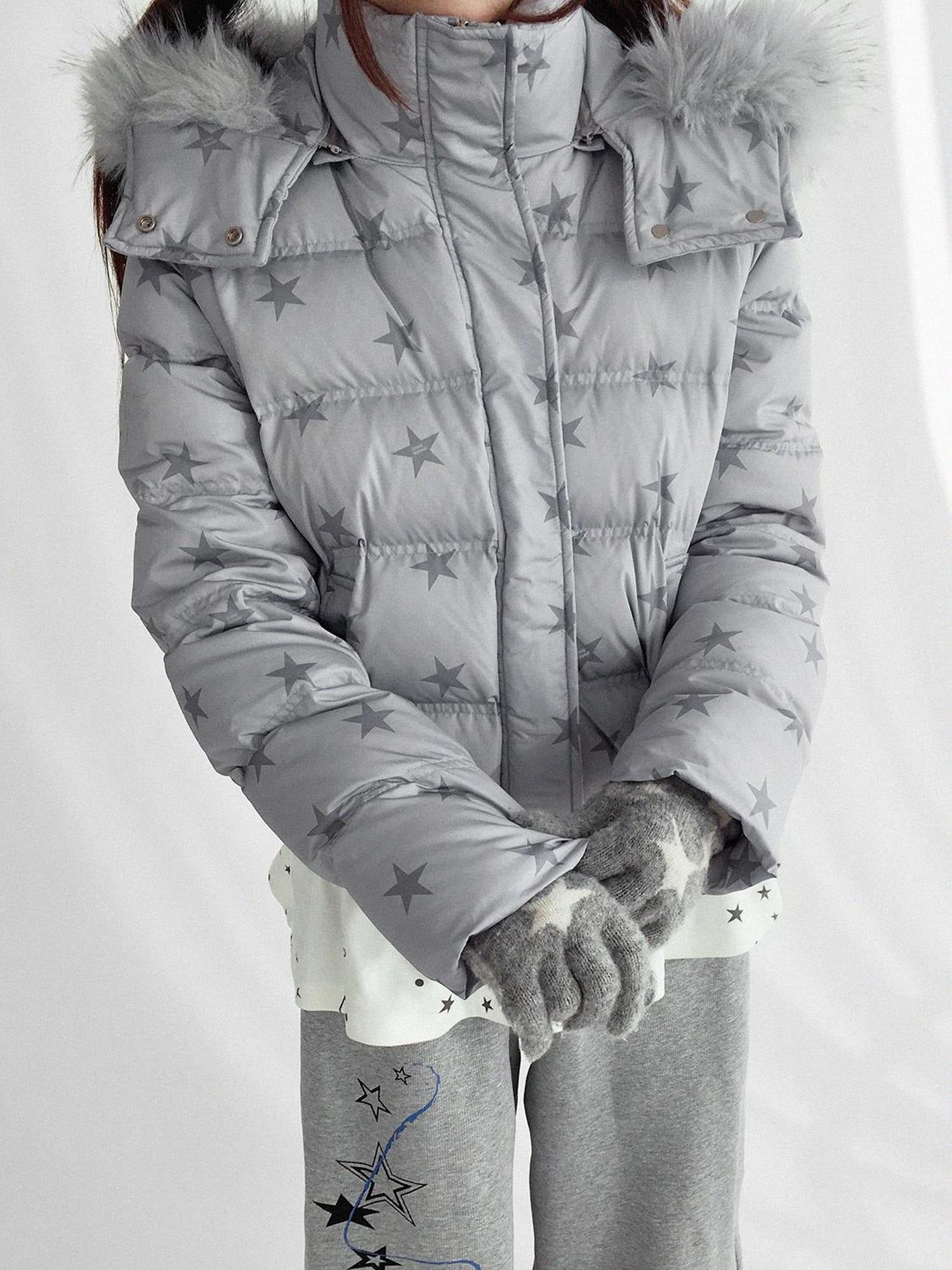 innomoood Warm 90% White Duck Down Star Print Removable Hood Straight Zip Down Jacket