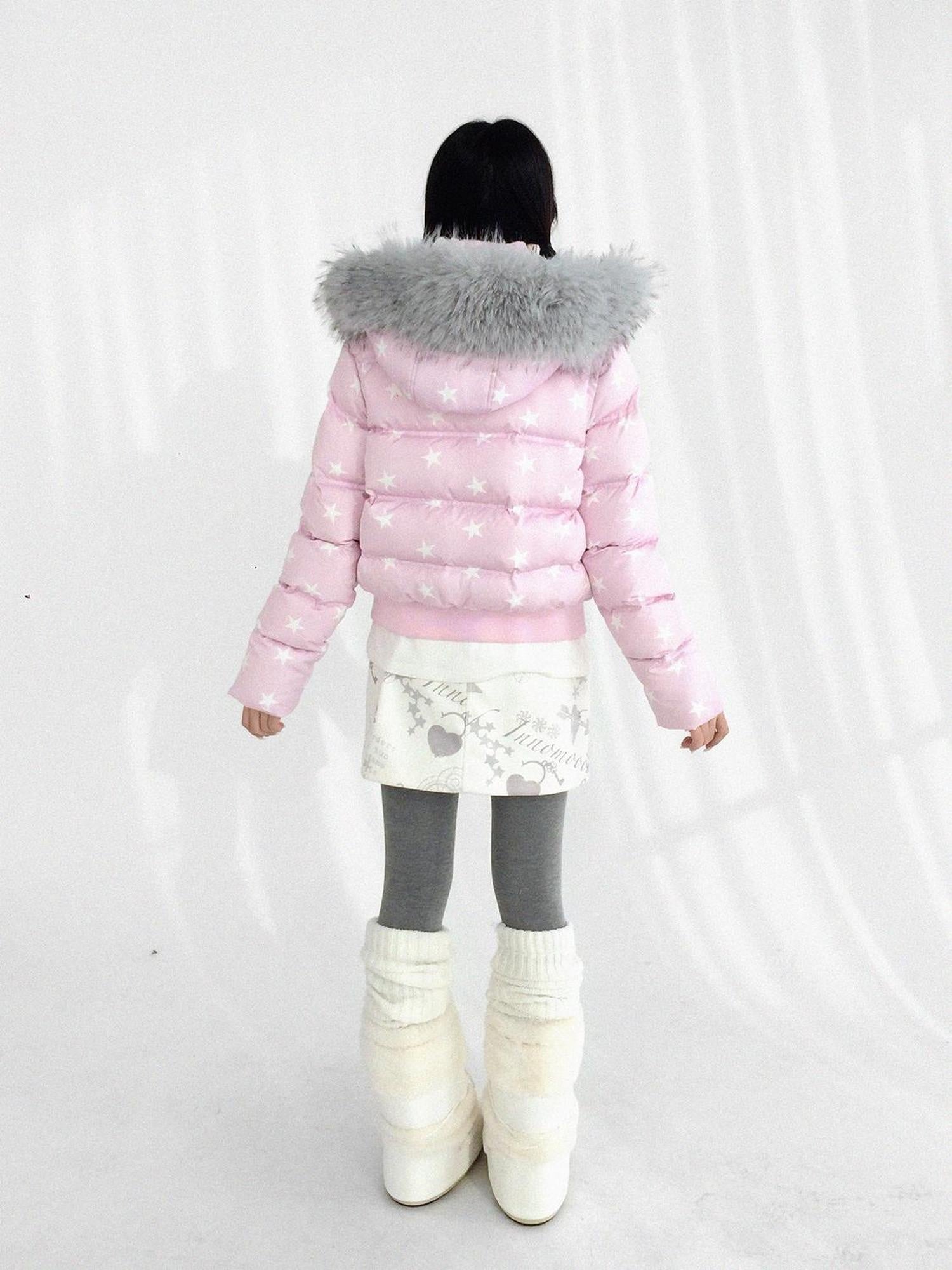 innomoood Warm 90% White Duck Down Star Print Removable Hood Straight Zip Down Jacket