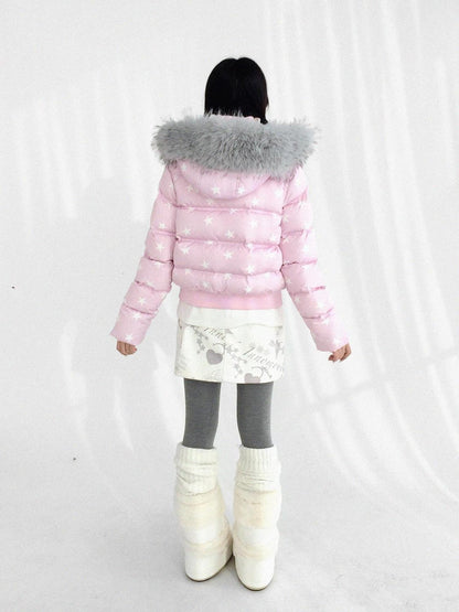 innomoood Warm 90% White Duck Down Star Print Removable Hood Straight Zip Down Jacket