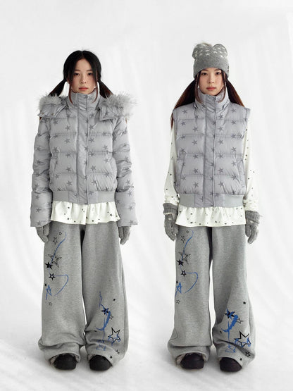 innomoood Warm 90% White Duck Down Star Print Removable Hood Straight Zip Down Jacket