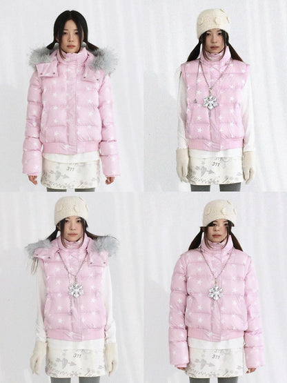 innomoood Warm 90% White Duck Down Star Print Removable Hood Straight Zip Down Jacket