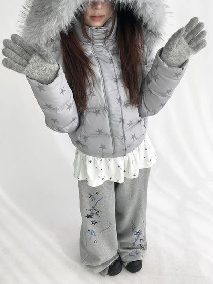 innomoood Warm 90% White Duck Down Star Print Removable Hood Straight Zip Down Jacket