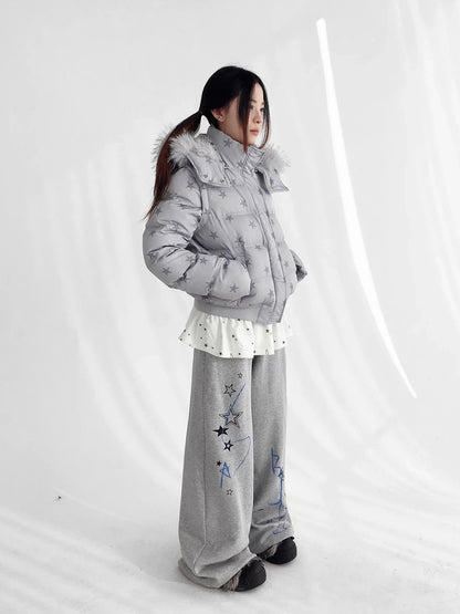 innomoood Warm 90% White Duck Down Star Print Removable Hood Straight Zip Down Jacket