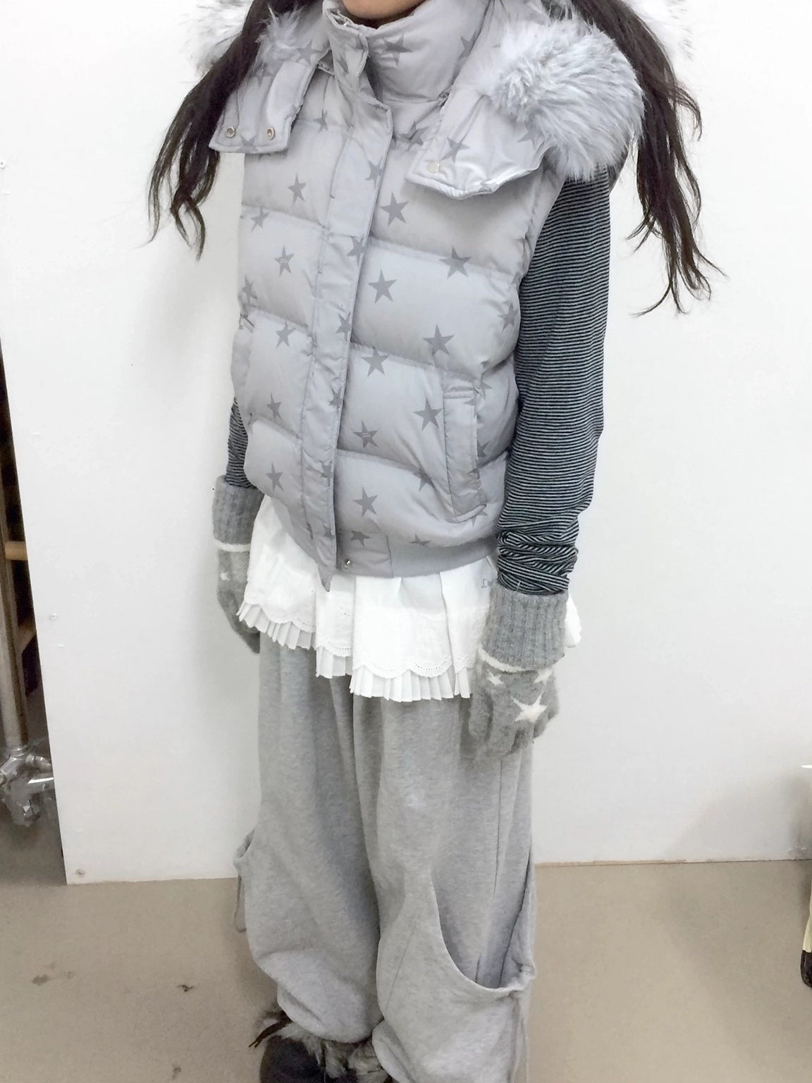 innomoood Warm 90% White Duck Down Star Print Removable Hood Straight Zip Down Jacket