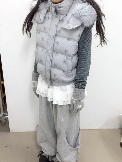 innomoood Warm 90% White Duck Down Star Print Removable Hood Straight Zip Down Jacket