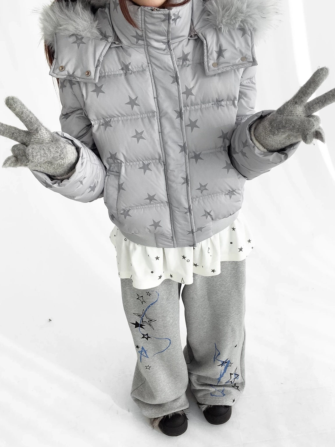 innomoood Warm 90% White Duck Down Star Print Removable Hood Straight Zip Down Jacket