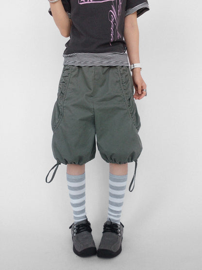 innomoood Washed Pleated Drawstring Wide Leg Cotton Women&