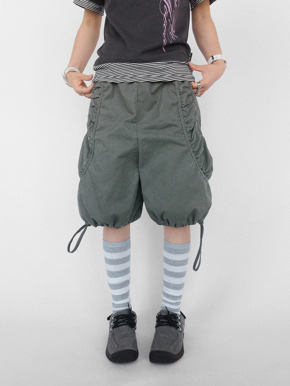innomoood Washed Pleated Drawstring Wide Leg Cotton Women&