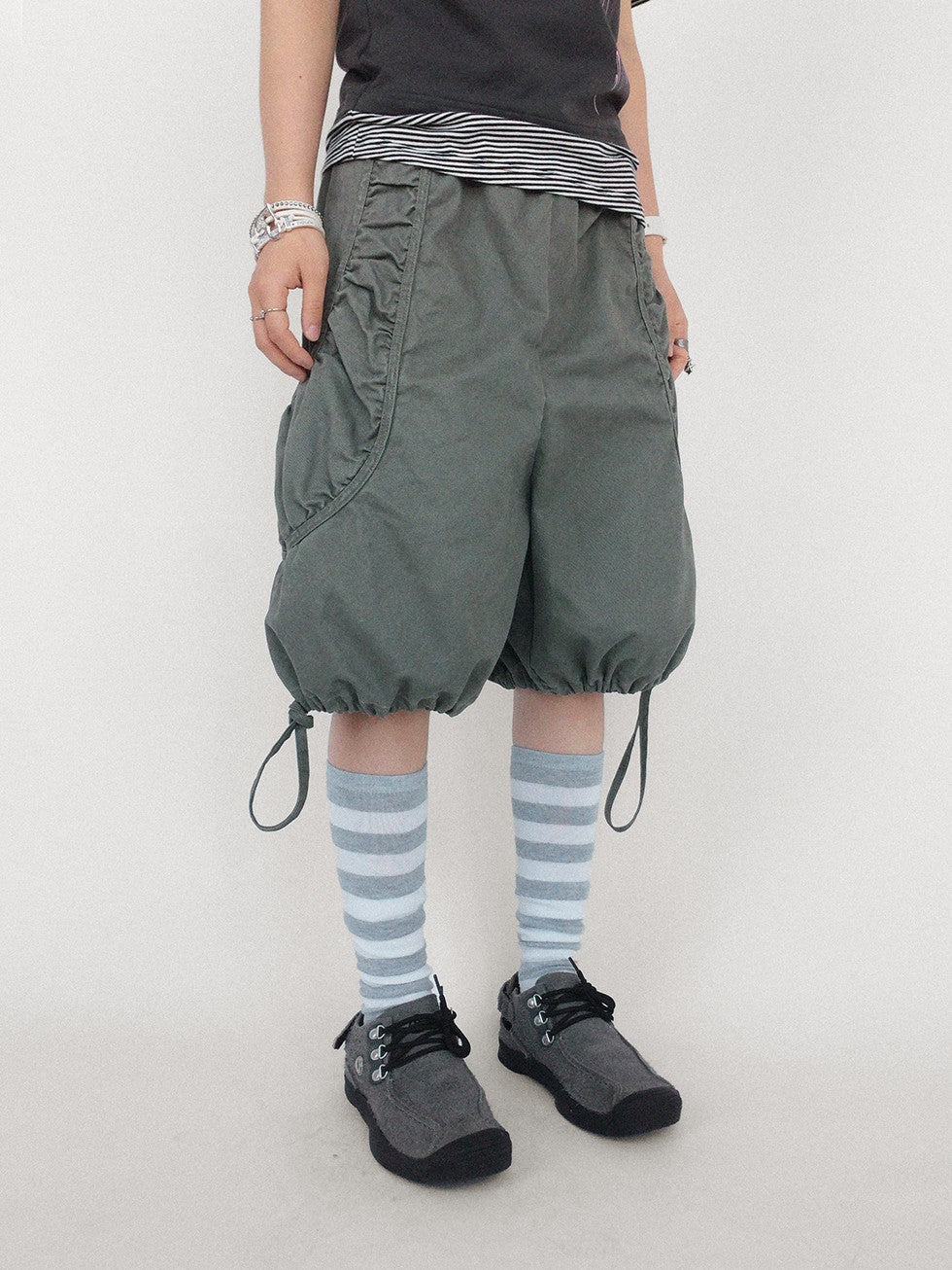 innomoood Washed Pleated Drawstring Wide Leg Cotton Women&