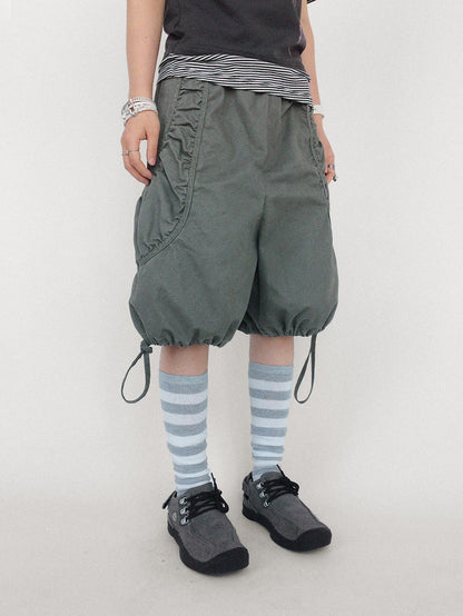 innomoood Washed Pleated Drawstring Wide Leg Cotton Women&