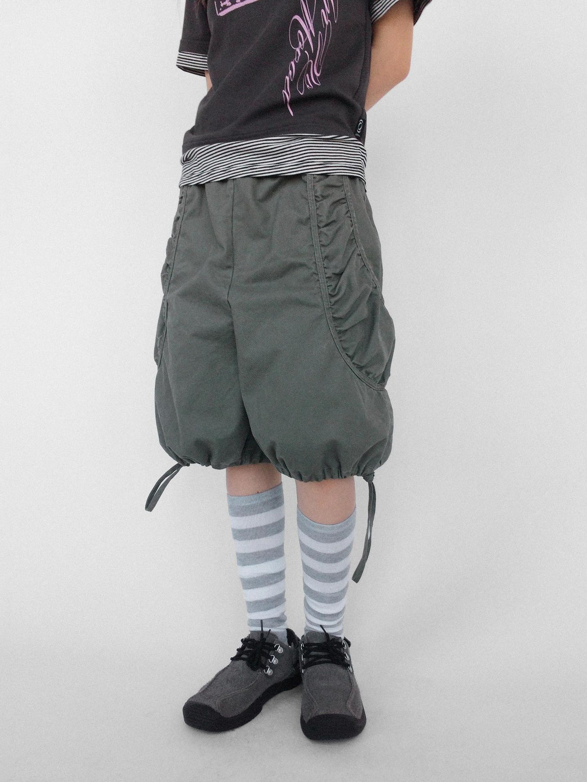 innomoood Washed Pleated Drawstring Wide Leg Cotton Women&