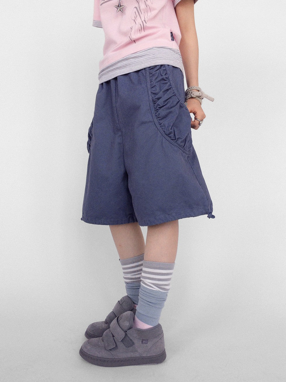 innomoood Washed Pleated Drawstring Wide Leg Cotton Women&