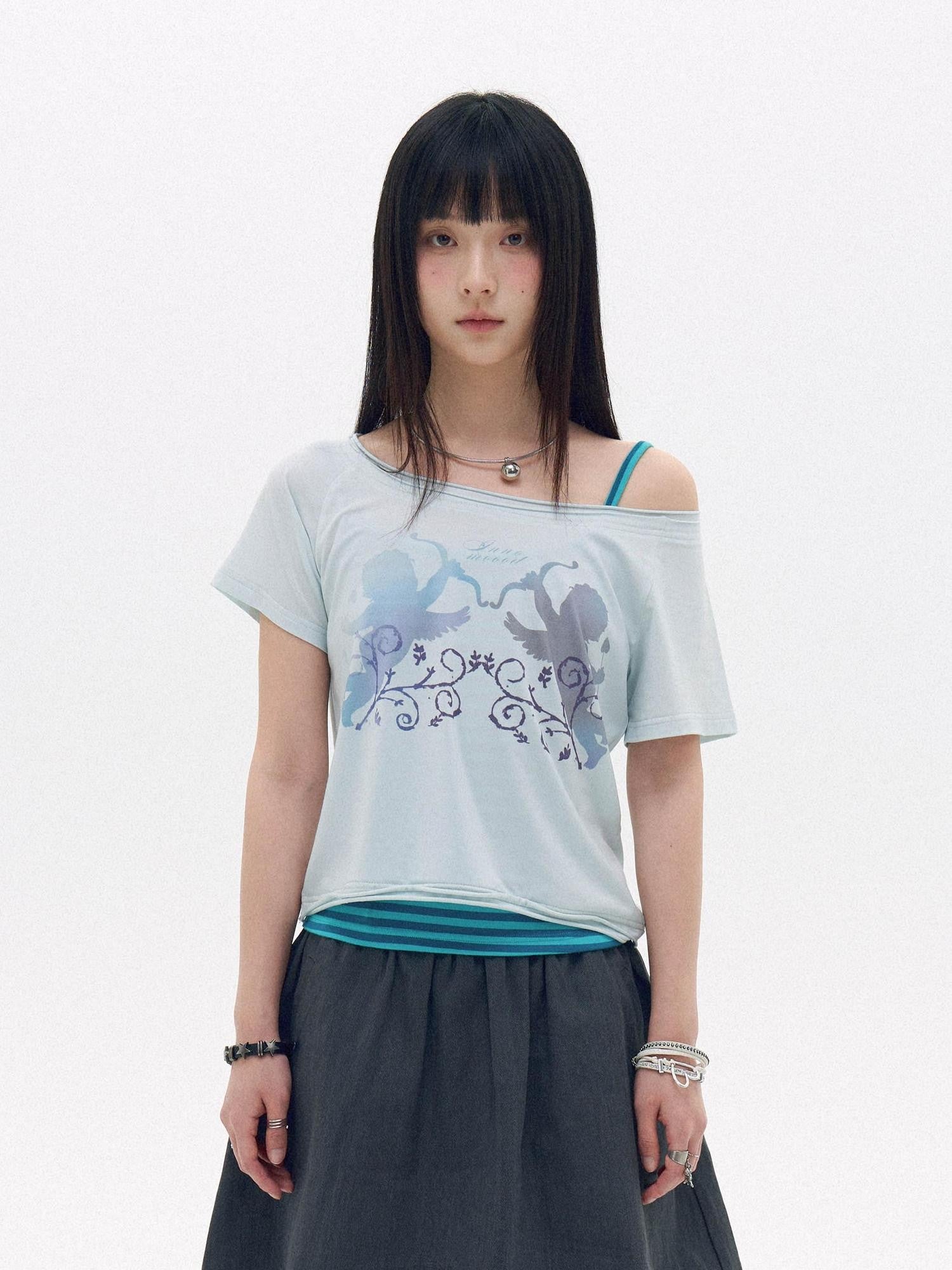 innomoood Water Blue Cherry Pink Printed Frayed Asymmetrical Women&