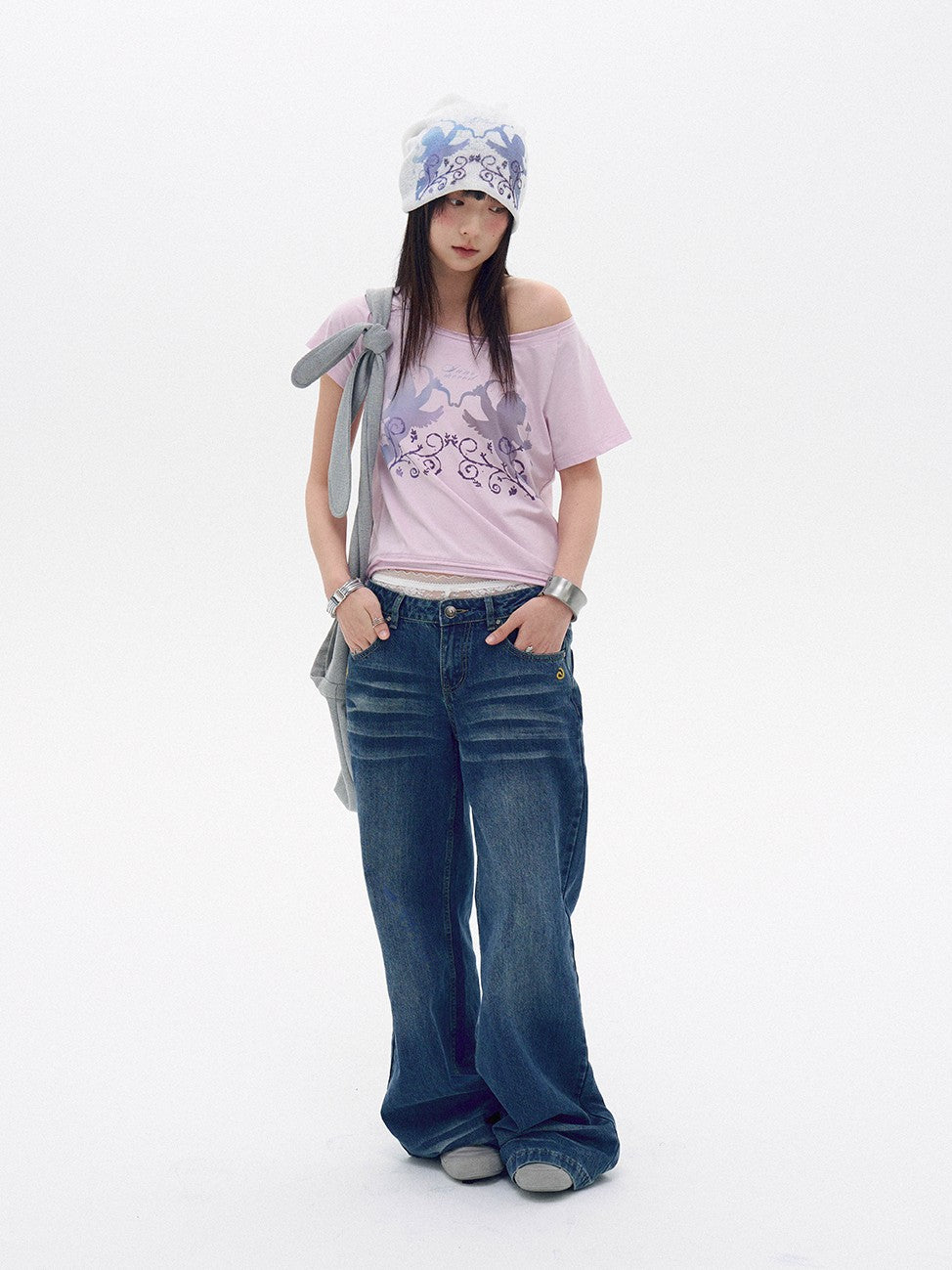 innomoood Water Blue Cherry Pink Printed Frayed Asymmetrical Women&