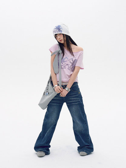innomoood Water Blue Cherry Pink Printed Frayed Asymmetrical Women&