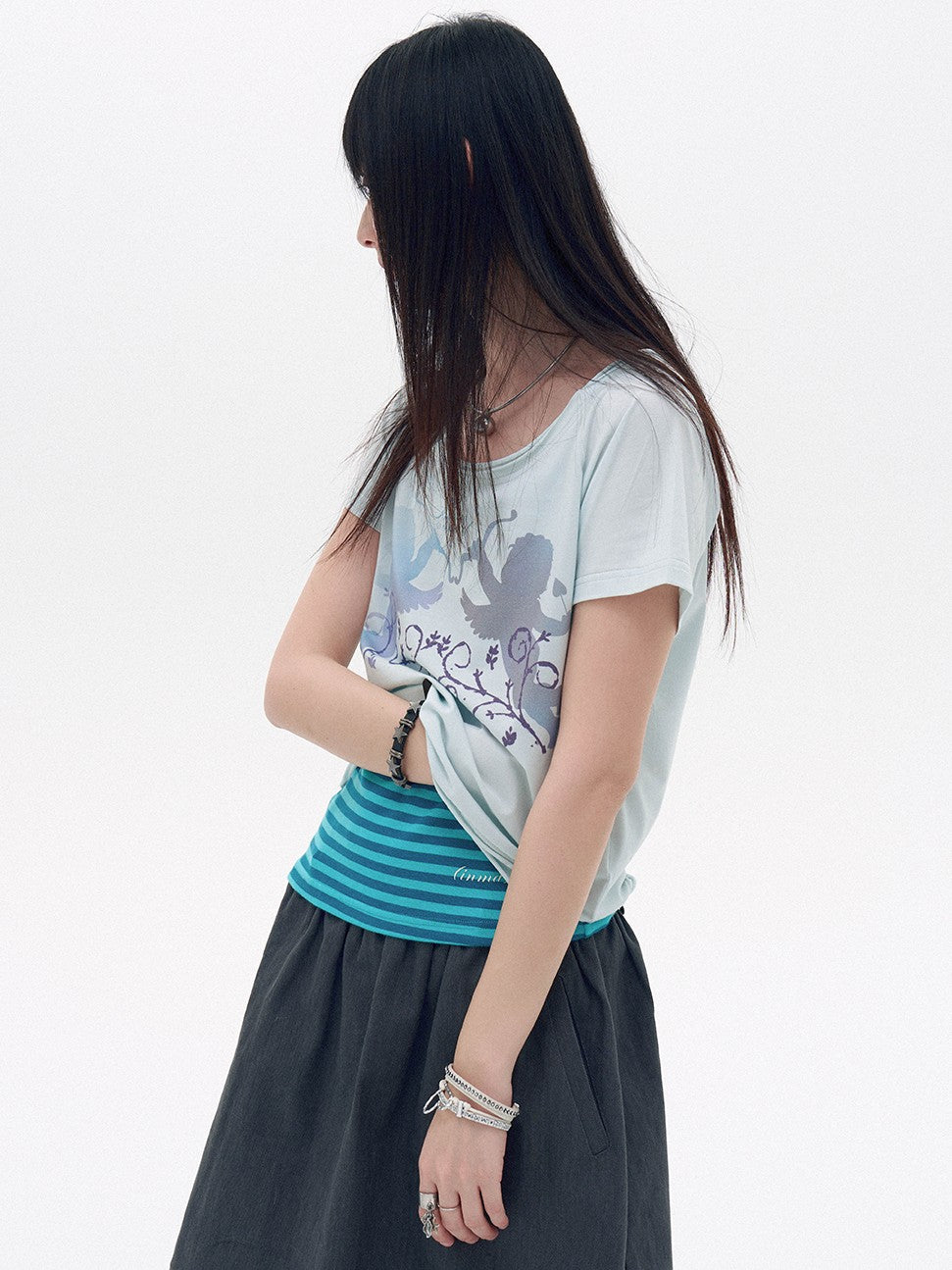 innomoood Water Blue Cherry Pink Printed Frayed Asymmetrical Women&