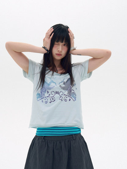 innomoood Water Blue Cherry Pink Printed Frayed Asymmetrical Women&