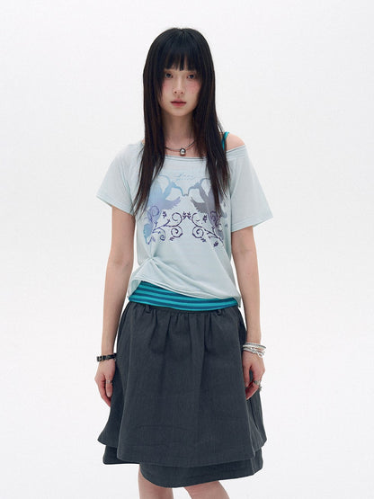 innomoood Water Blue Cherry Pink Printed Frayed Asymmetrical Women&