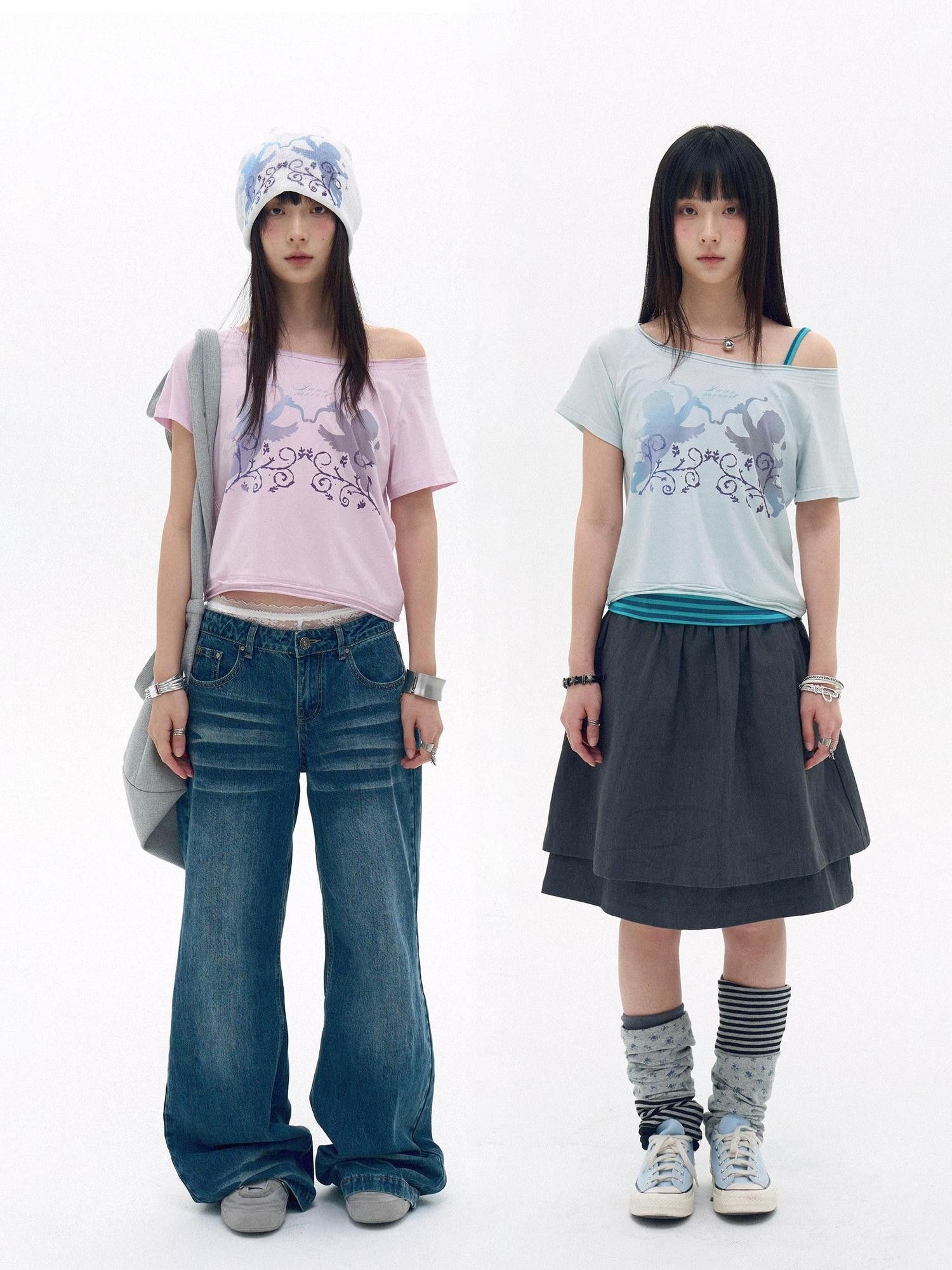 innomoood Water Blue Cherry Pink Printed Frayed Asymmetrical Women&