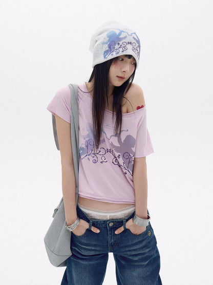 innomoood Water Blue Cherry Pink Printed Frayed Asymmetrical Women&