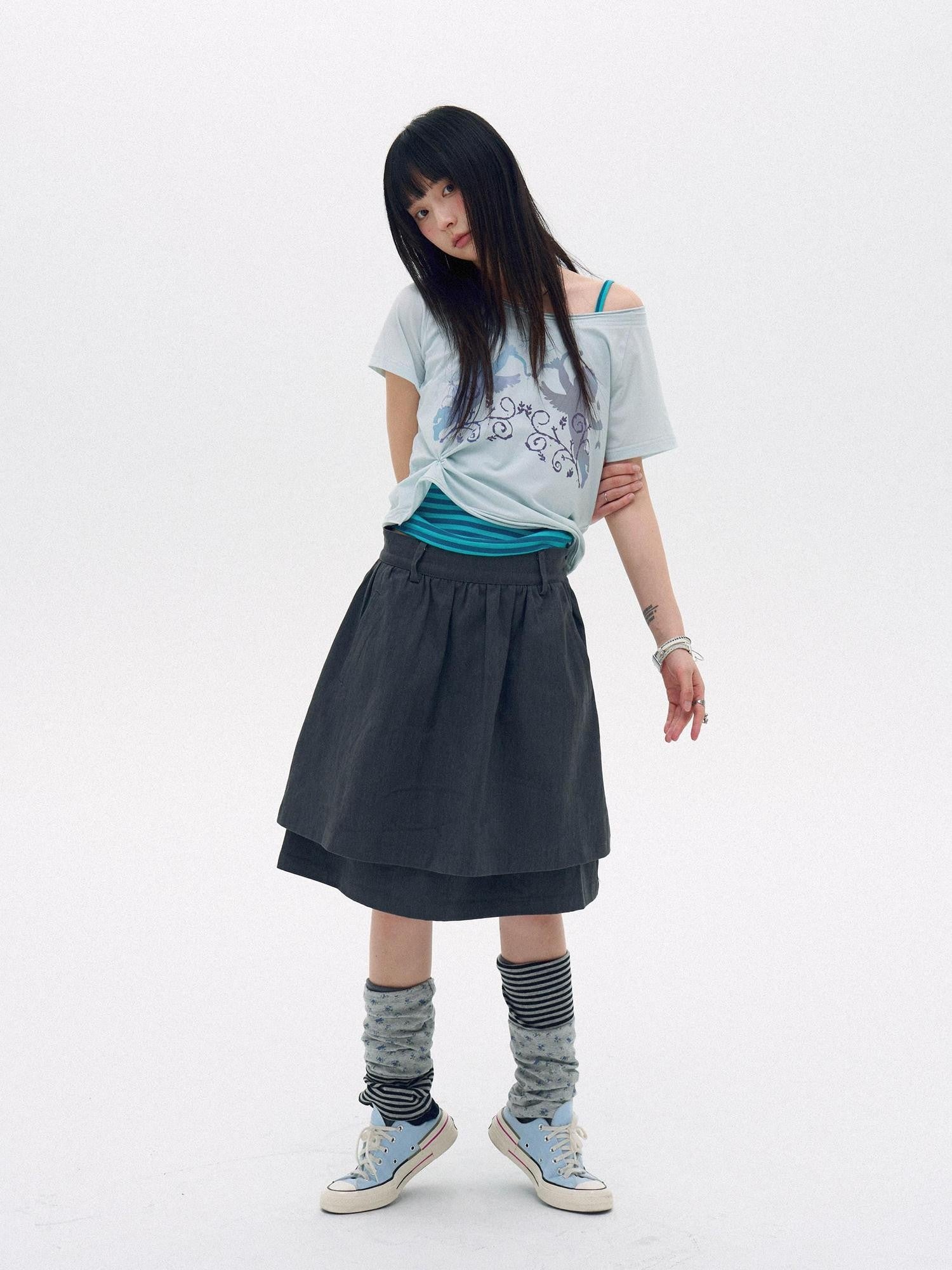 innomoood Water Blue Cherry Pink Printed Frayed Asymmetrical Women&