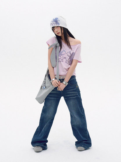 innomoood Water Blue Cherry Pink Printed Frayed Asymmetrical Women&