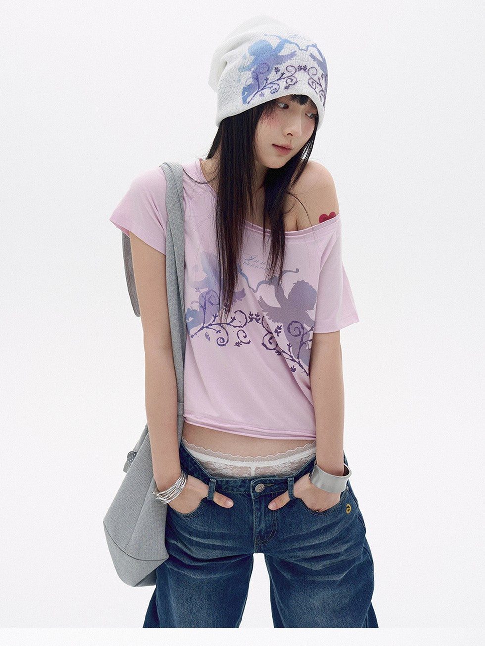 innomoood Water Blue Cherry Pink Printed Frayed Asymmetrical Women&