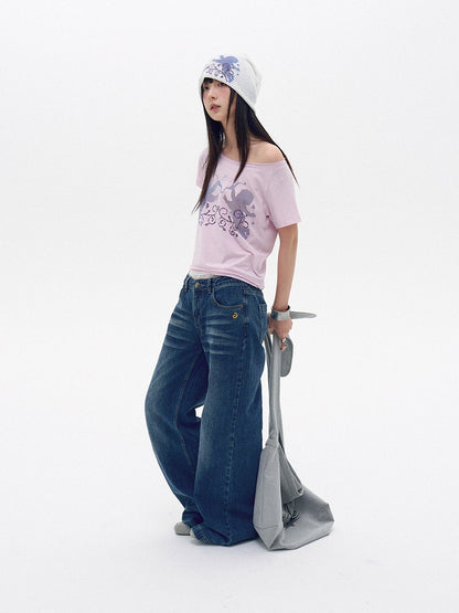 innomoood Water Blue Cherry Pink Printed Frayed Asymmetrical Women&