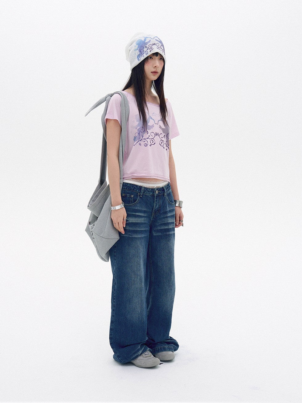 innomoood Water Blue Cherry Pink Printed Frayed Asymmetrical Women&