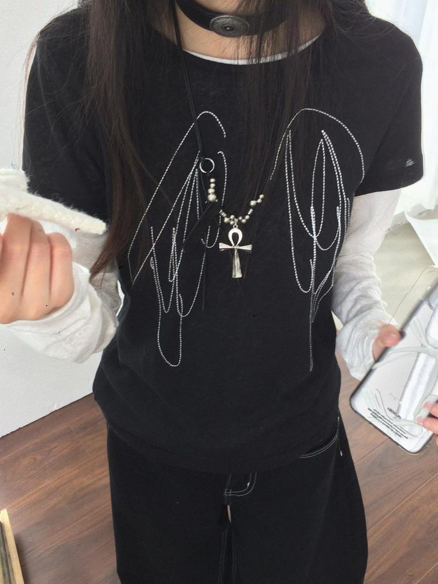 innomoood Wings Embroidered Y2K Print Layering Tee