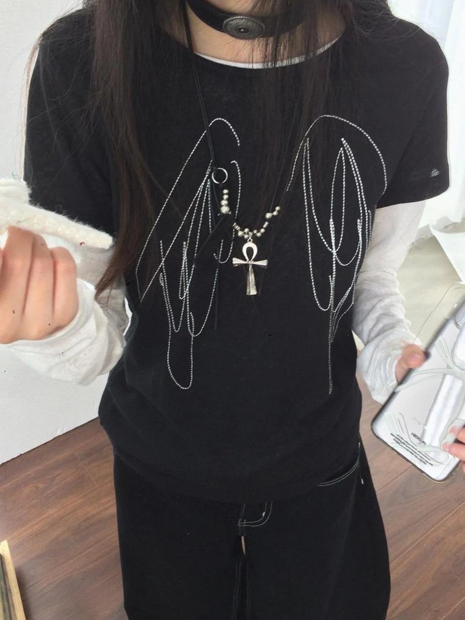 Wings Embroidered Y2K Print Layering Tee