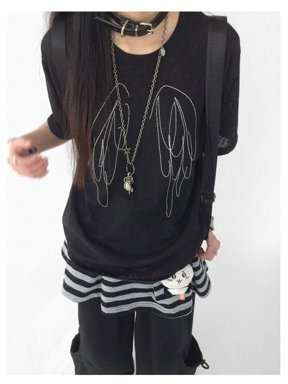 Wings Embroidered Y2K Print Layering Tee