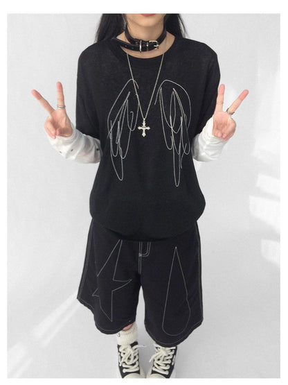 Wings Embroidered Y2K Print Layering Tee