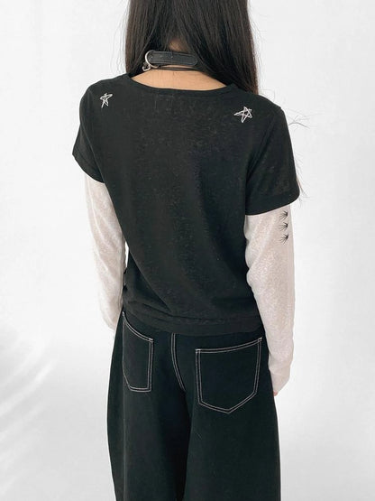 Wings Embroidered Y2K Print Layering Tee