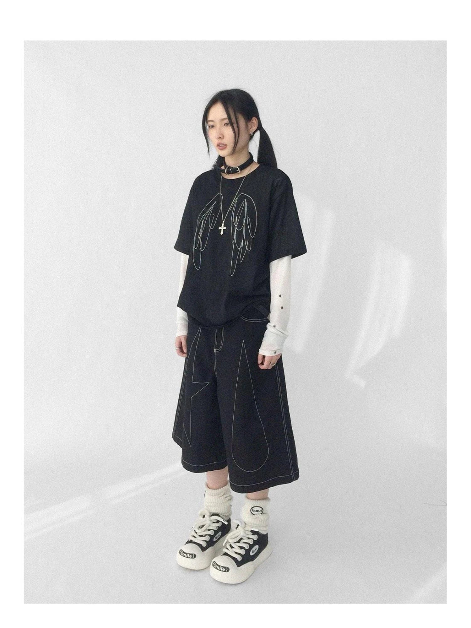 Wings Embroidered Y2K Print Layering Tee