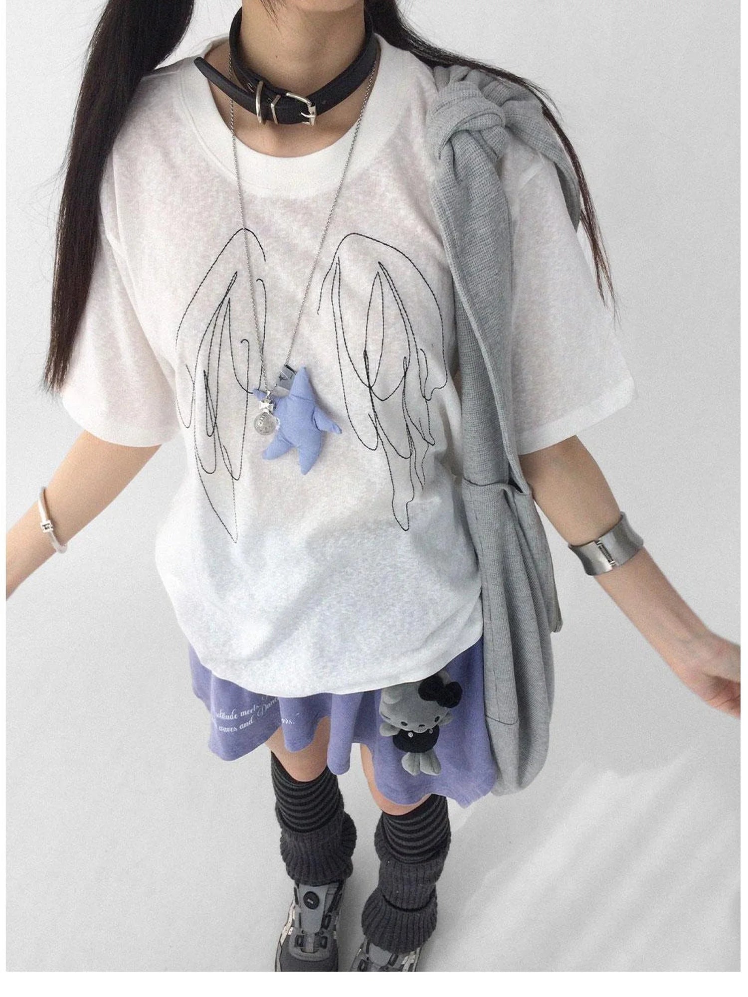 Wings Embroidered Y2K Print Layering Tee