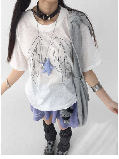 Wings Embroidered Y2K Print Layering Tee