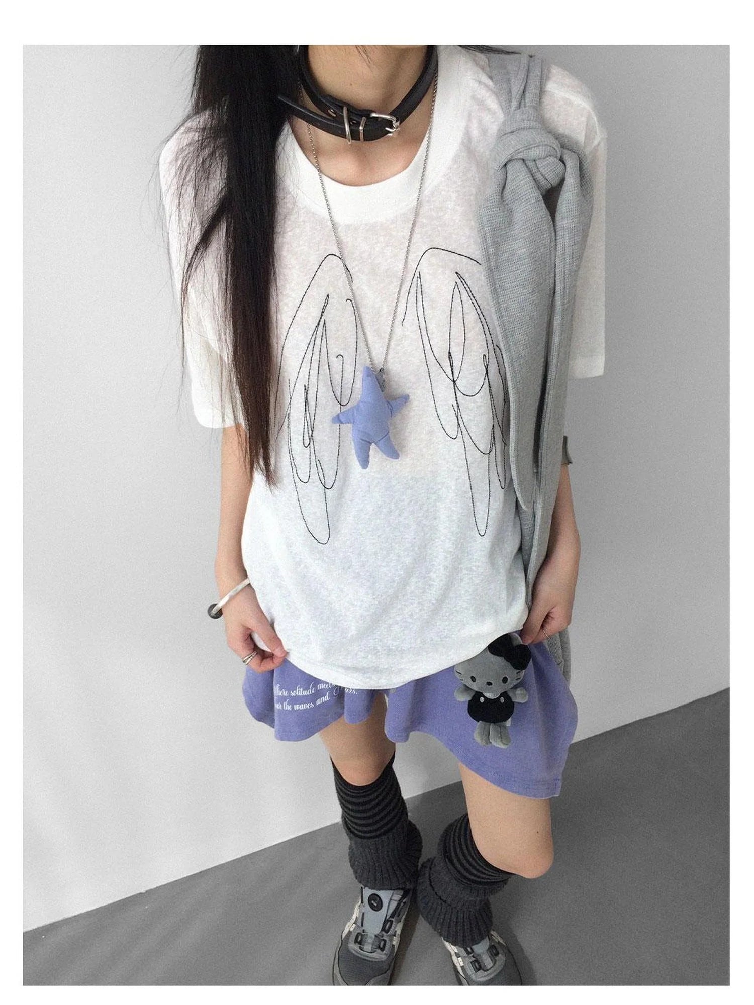 Wings Embroidered Y2K Print Layering Tee