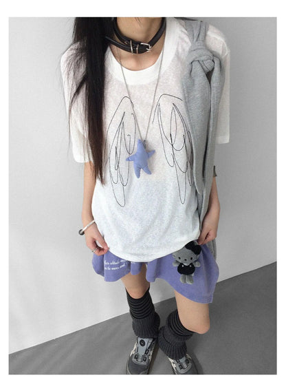 Wings Embroidered Y2K Print Layering Tee