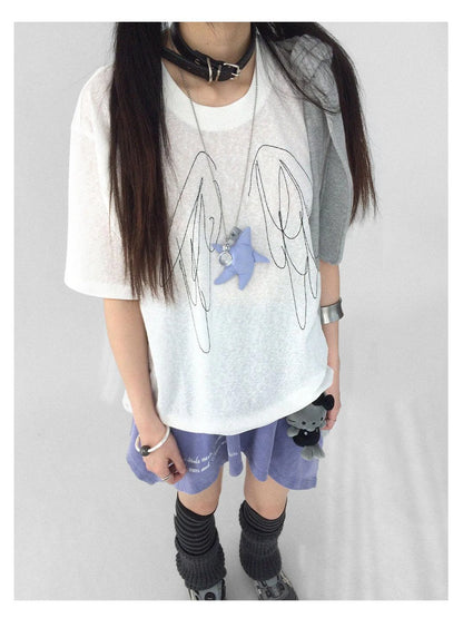 Wings Embroidered Y2K Print Layering Tee