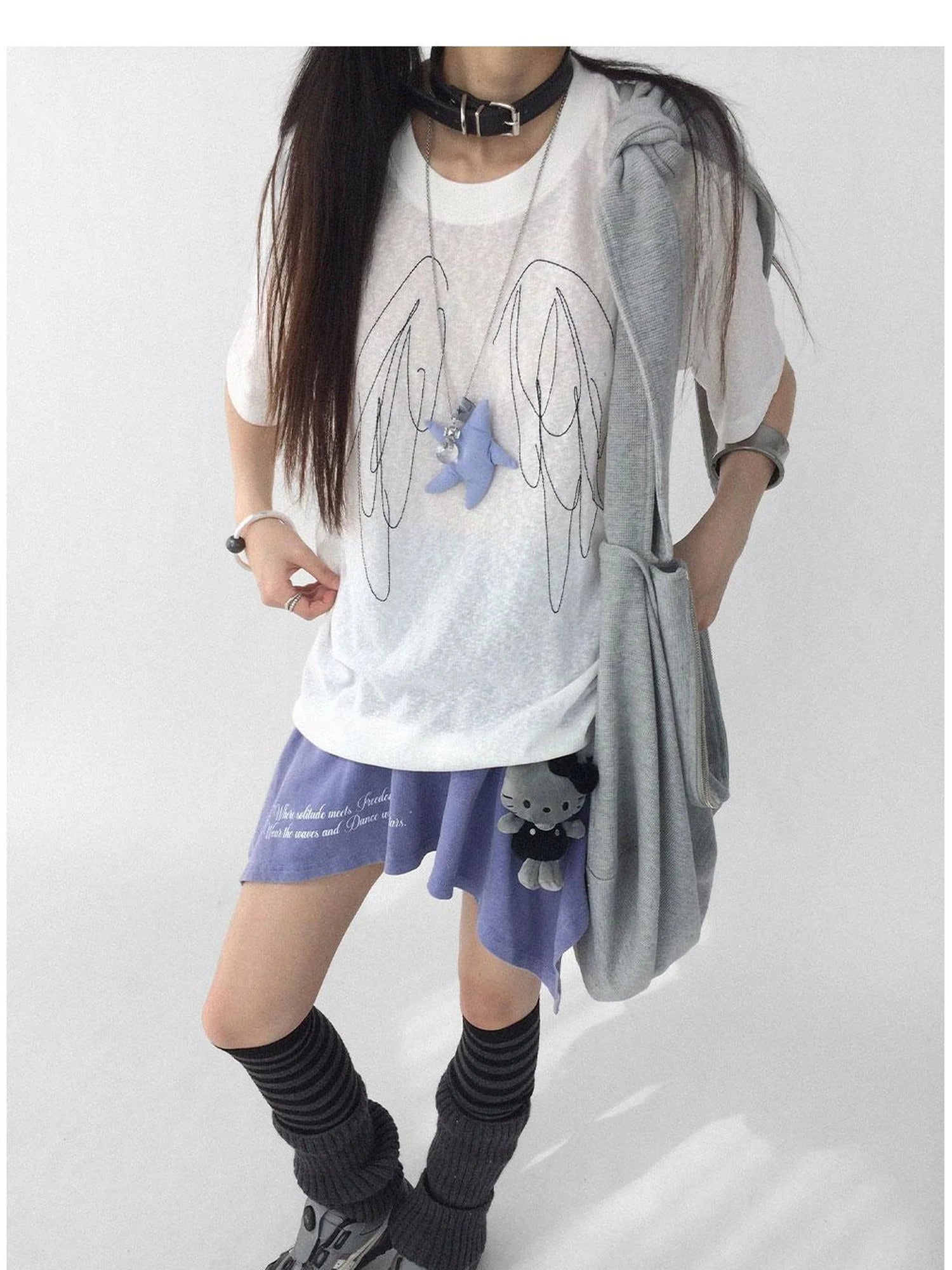 Wings Embroidered Y2K Print Layering Tee