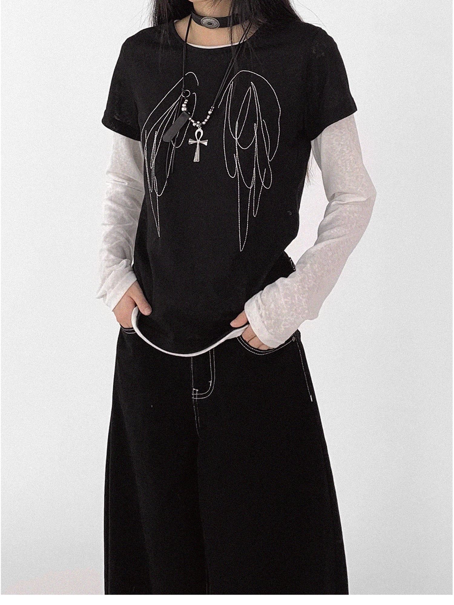 innomoood Wings Embroidered Y2K Print Layering Tee