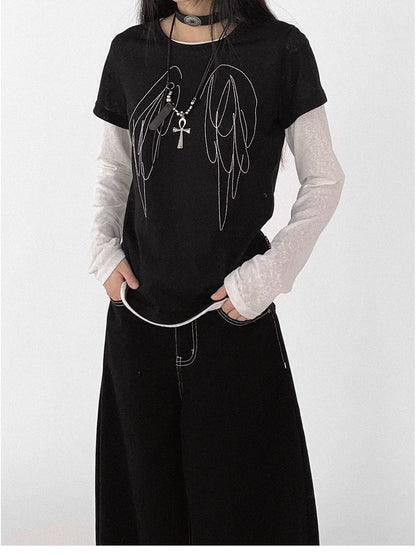 Wings Embroidered Y2K Print Layering Tee