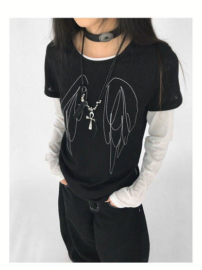 innomoood Wings Embroidered Y2K Print Layering Tee