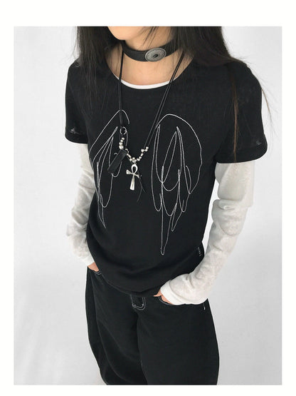 Wings Embroidered Y2K Print Layering Tee