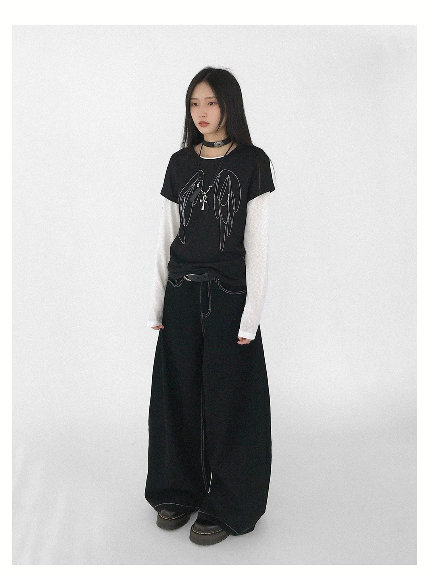 Wings Embroidered Y2K Print Layering Tee