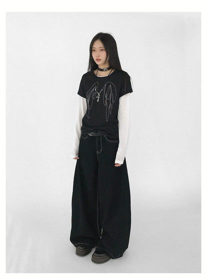 Wings Embroidered Y2K Print Layering Tee