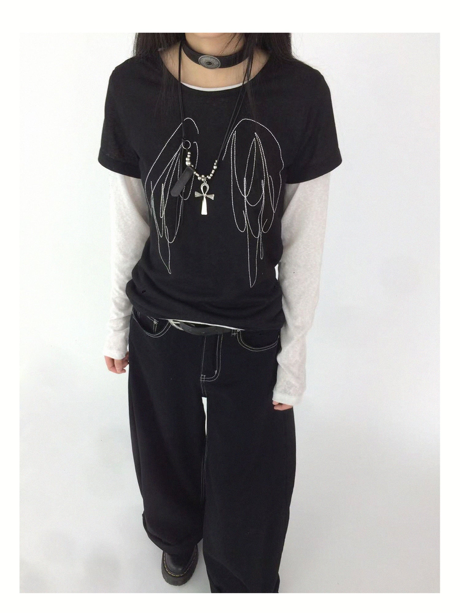 innomoood Wings Embroidered Y2K Print Layering Tee