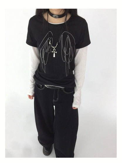 Wings Embroidered Y2K Print Layering Tee